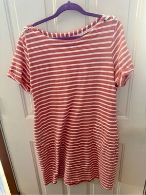 Striped Cotton Tunic Dress in Coral and White